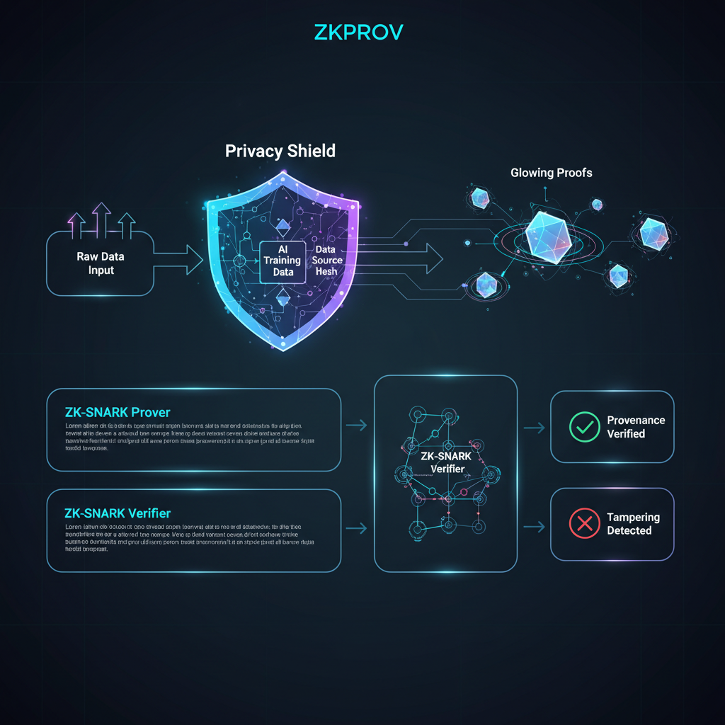 abstract diagram of ZKPROV framework verifying AI training data provenance with privacy shields and glowing proofs, futuristic tech style