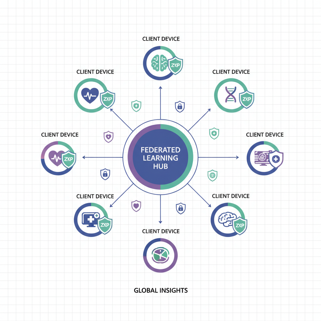 federated learning network with zero-knowledge proofs and health data icons protected by locks, medical tech visualization