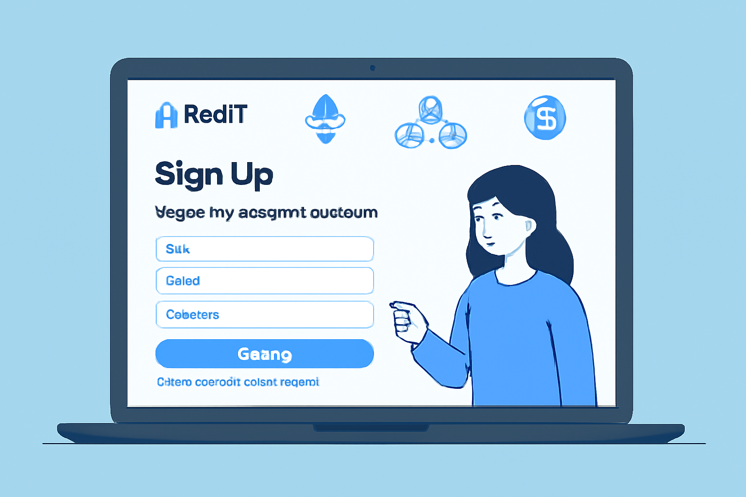 Modern laptop screen showing RealT or Lofty signup page, blockchain icons, clean UI, blue tones