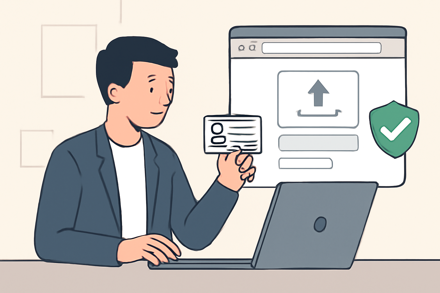 Person uploading ID documents on secure web form, checkmark verification badge, professional setting