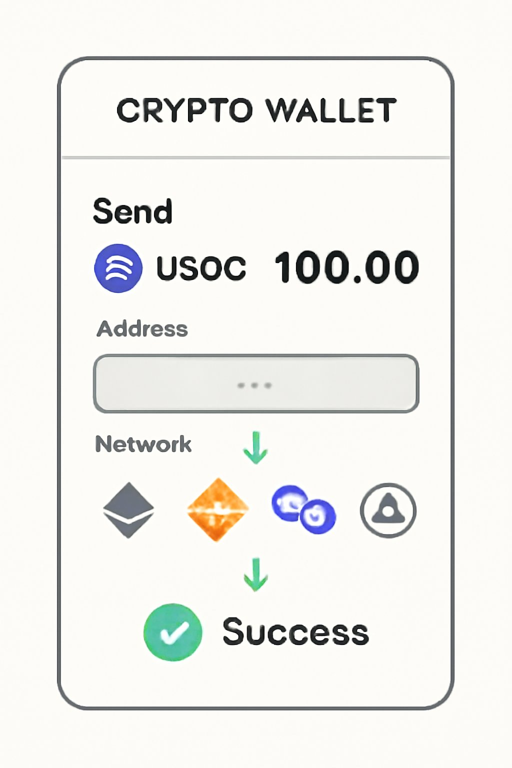 Crypto wallet interface with USDC transfer, blockchain network icons, green success arrows