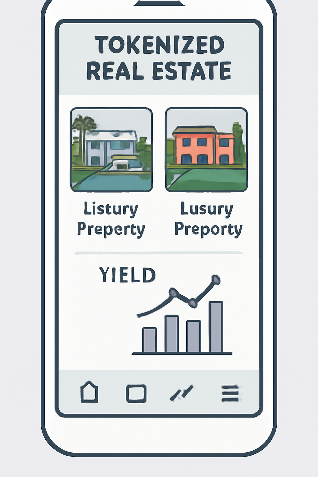 Dashboard of tokenized real estate listings, luxury property photos, yield charts, mobile view