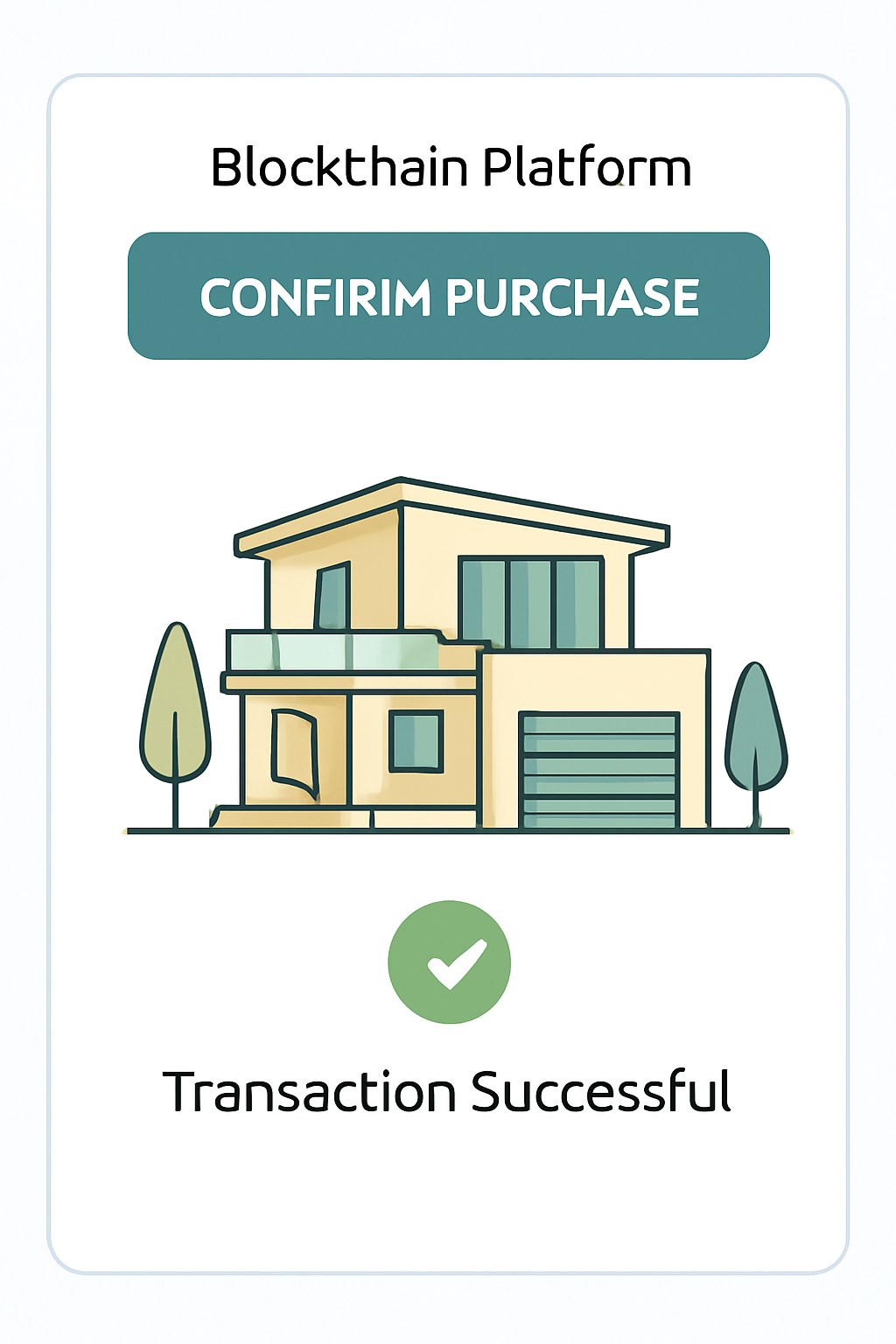 Confirm purchase button on blockchain platform, luxury property rendering, transaction success animation