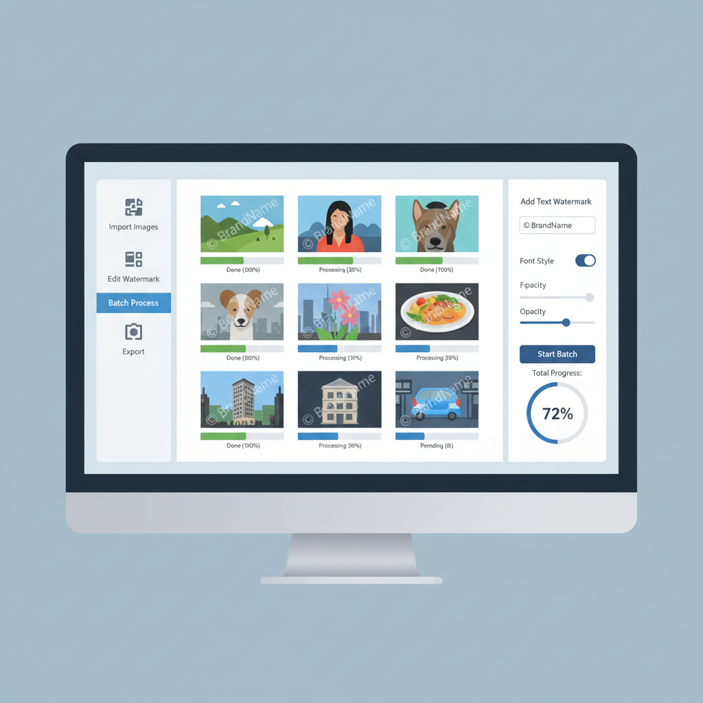 dashboard with multiple images being watermarked in batch, progress bars, professional setup