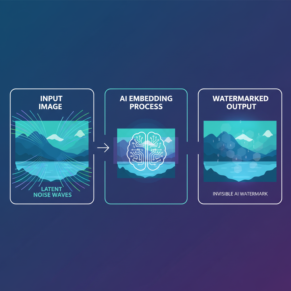 AI watermark embedding process visualization, latent noise waves on image, futuristic glow