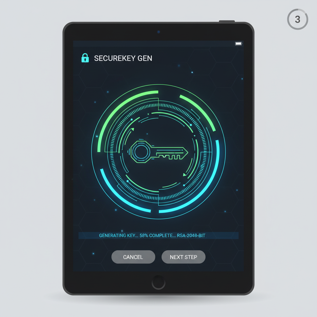 close-up of generating cryptographic key on secure app interface, digital code glowing