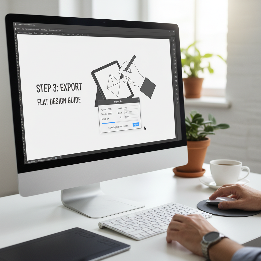 designer exporting high-res image file from Adobe Photoshop, clean digital art preview