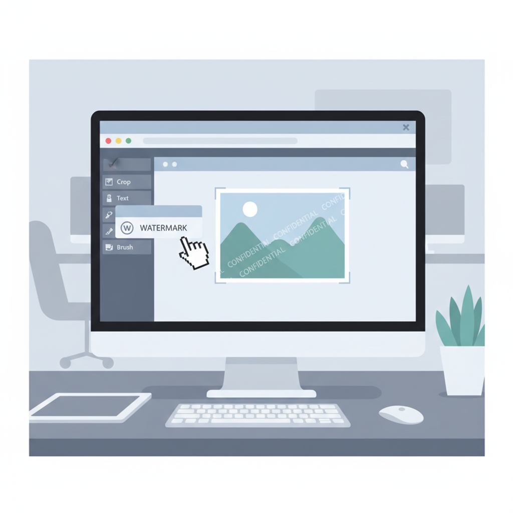 graphic designer selecting watermark tool on computer screen, modern UI, tech workspace