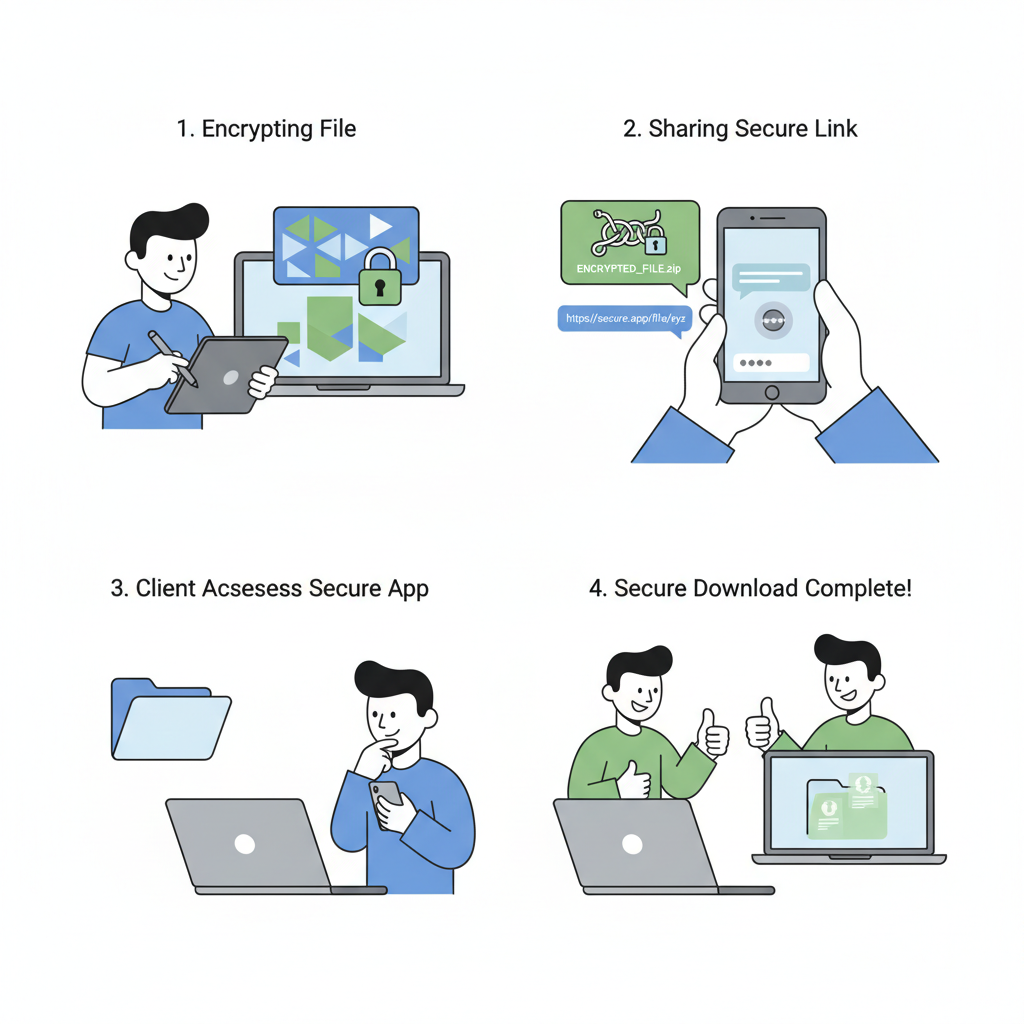 designer sharing encrypted file link with client via secure app, phone and laptop
