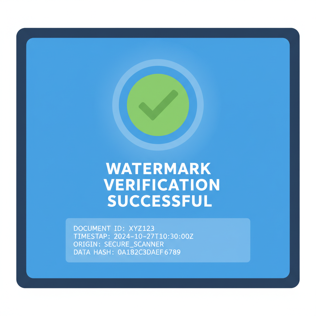 screen showing watermark verification success, green checkmark, decoded text overlay