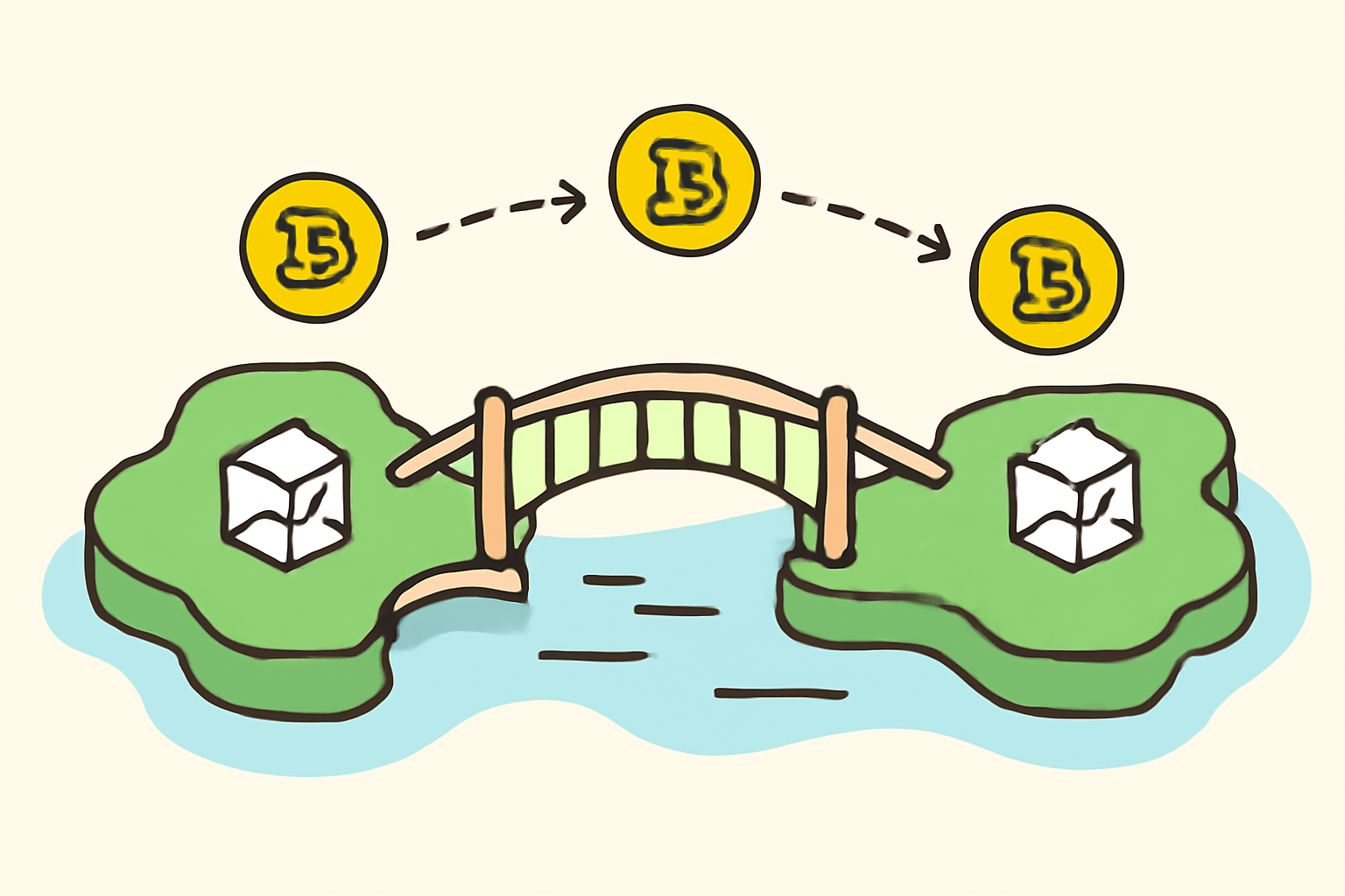 bridges connecting isolated blockchain islands with flowing assets