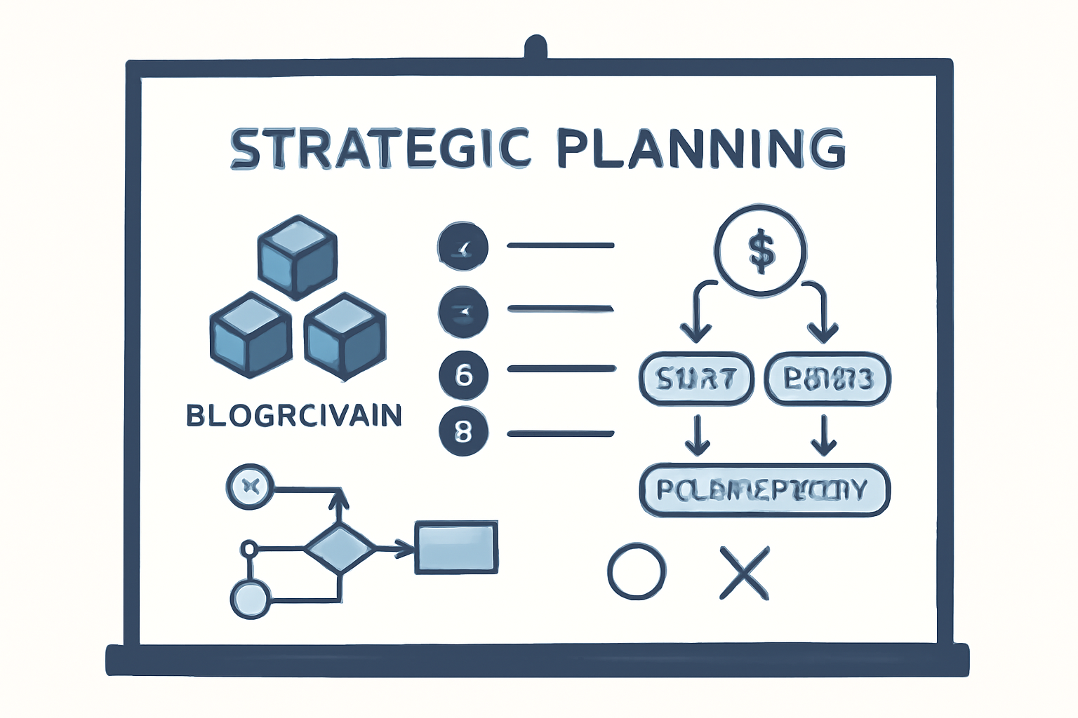 strategic planning board with blockchain icons and liquidity flowcharts
