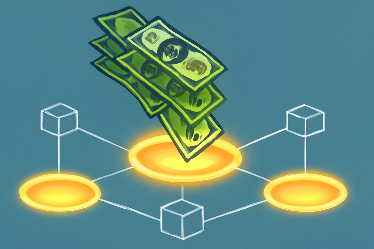 money pouring into glowing liquidity pools on a blockchain network