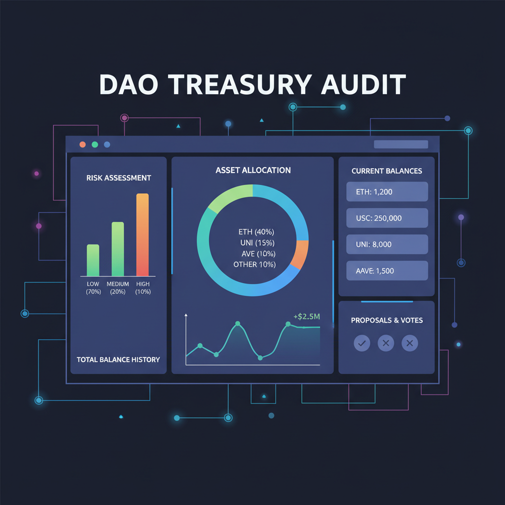 DAO treasury audit dashboard with charts showing asset allocation, risks, and balances, futuristic blockchain interface