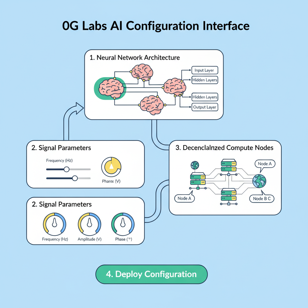 0G Labs AI configuration interface with neural networks, signal parameters, decentralized compute nodes