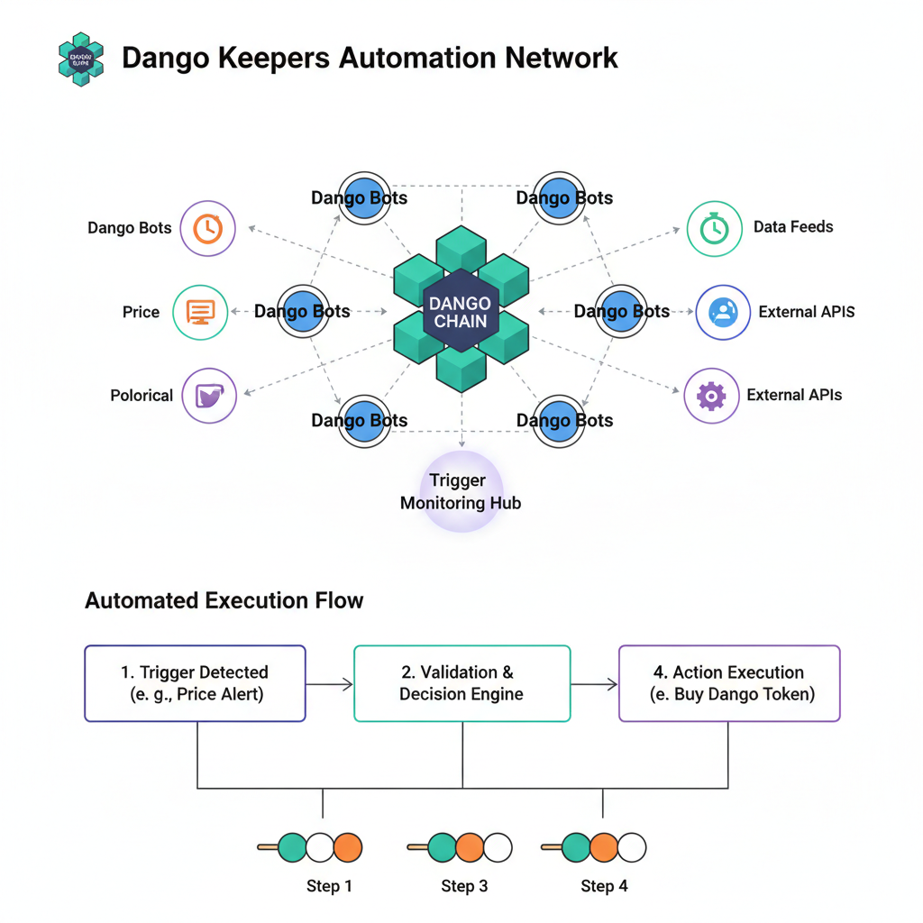 Dango keepers network diagram, blockchain bots monitoring triggers, automated execution flow