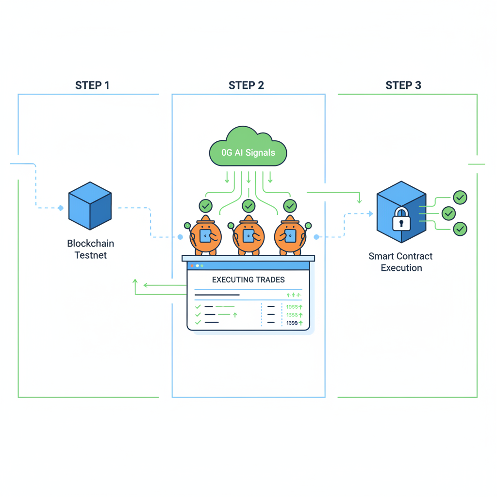 Blockchain testnet simulation with 0G AI signals and Dango keepers executing trades, green checkmarks