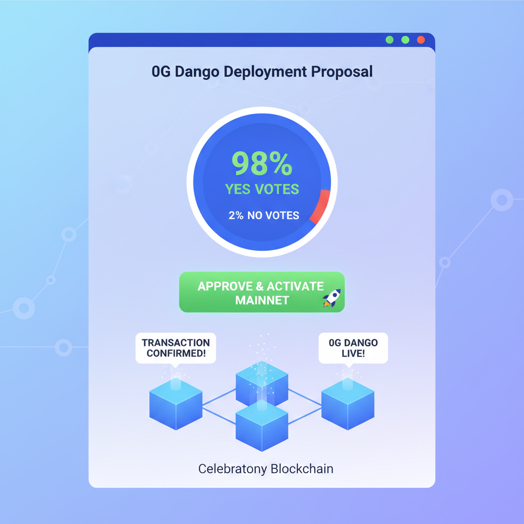 DAO governance vote interface approving 0G Dango deployment, mainnet activation button, celebratory blockchain