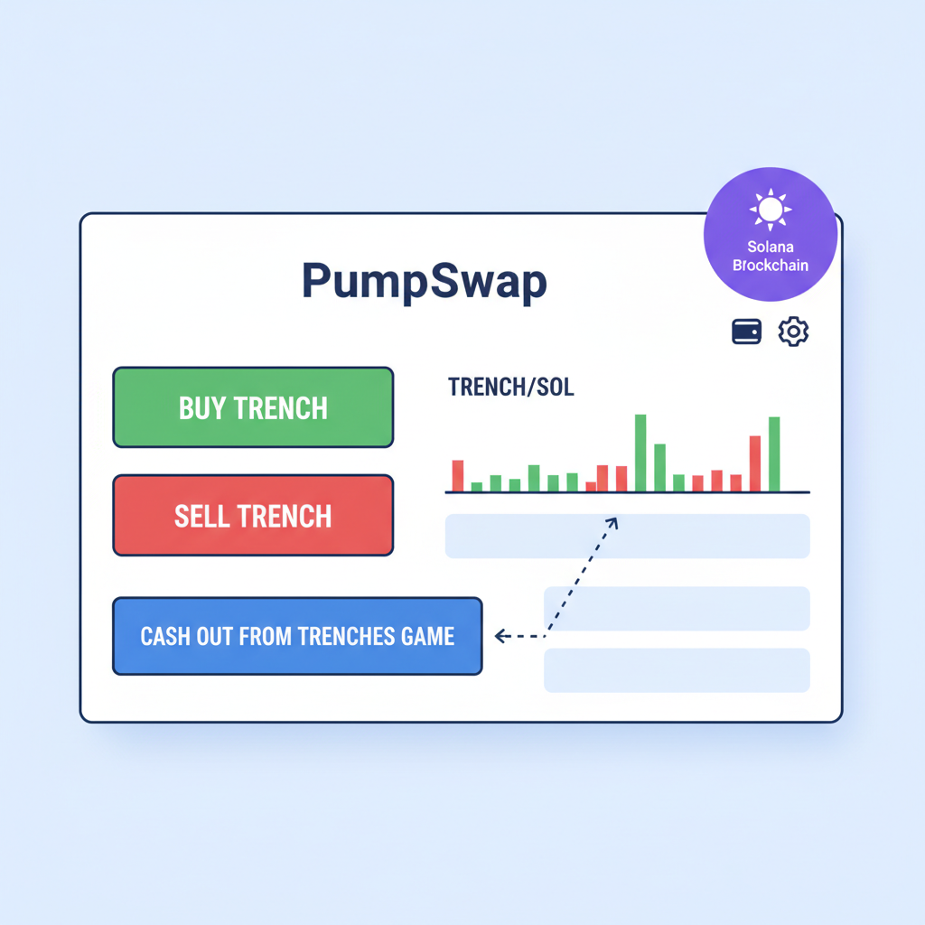 PumpSwap DEX interface showing TRENCH/SOL trading pair, cash out button from Trenches game, Solana blockchain