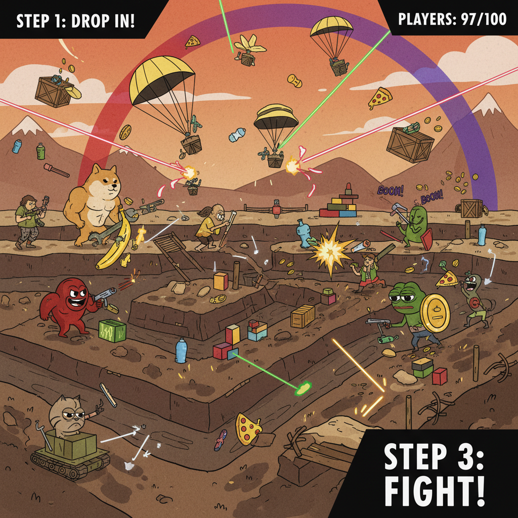 Intense Trenches battle royale match, 100 players fighting with meme fighters, loot drops and action scene