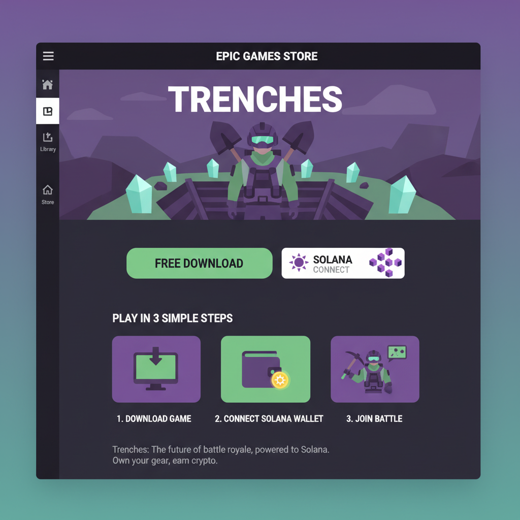 Epic Games Store page for Trenches battle royale game, free download button prominent, Solana blockchain theme