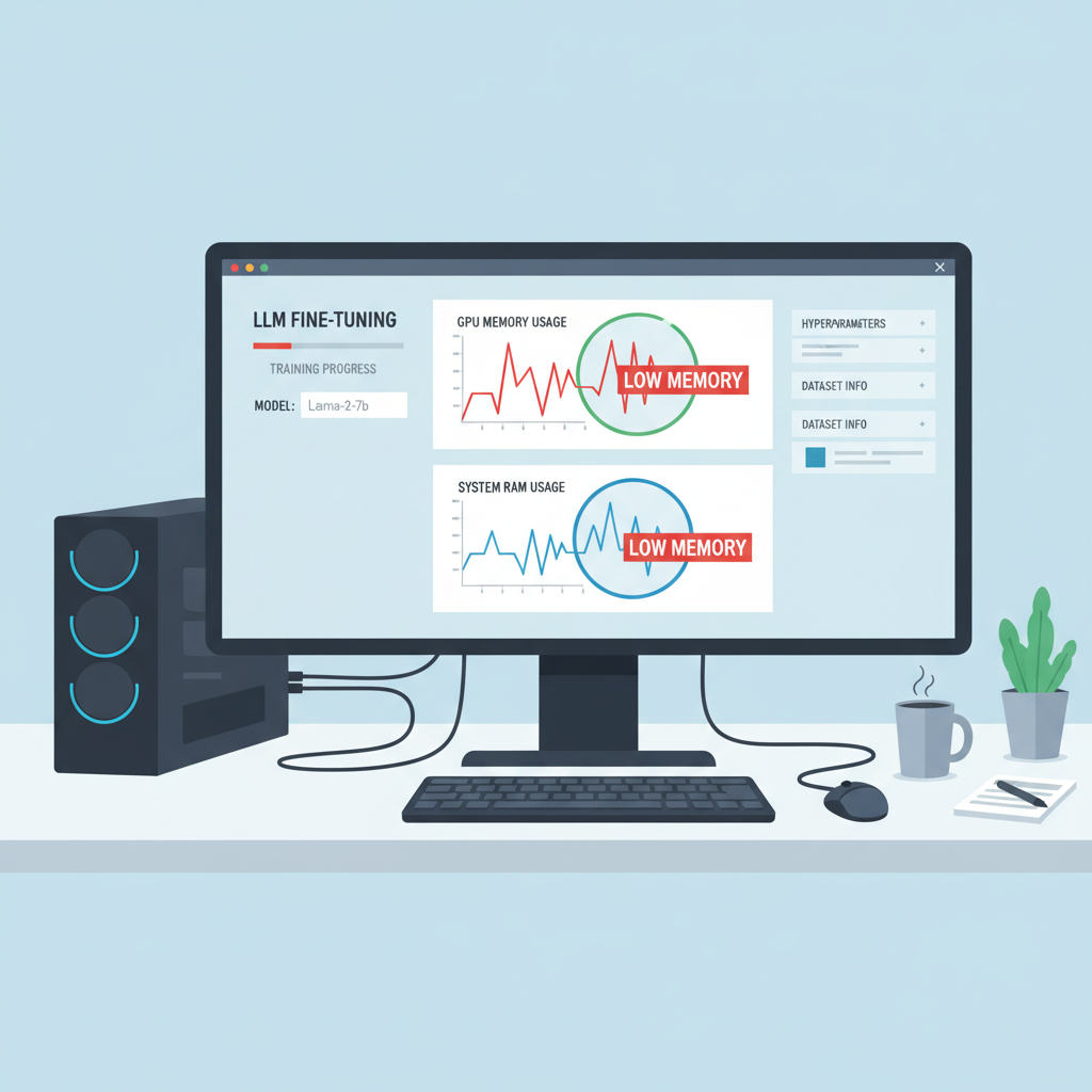 developer workstation with LLM fine-tuning dashboard and low memory graphs