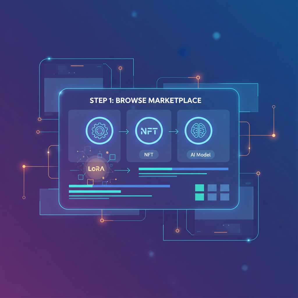blockchain marketplace interface with glowing datasets and LoRA icons