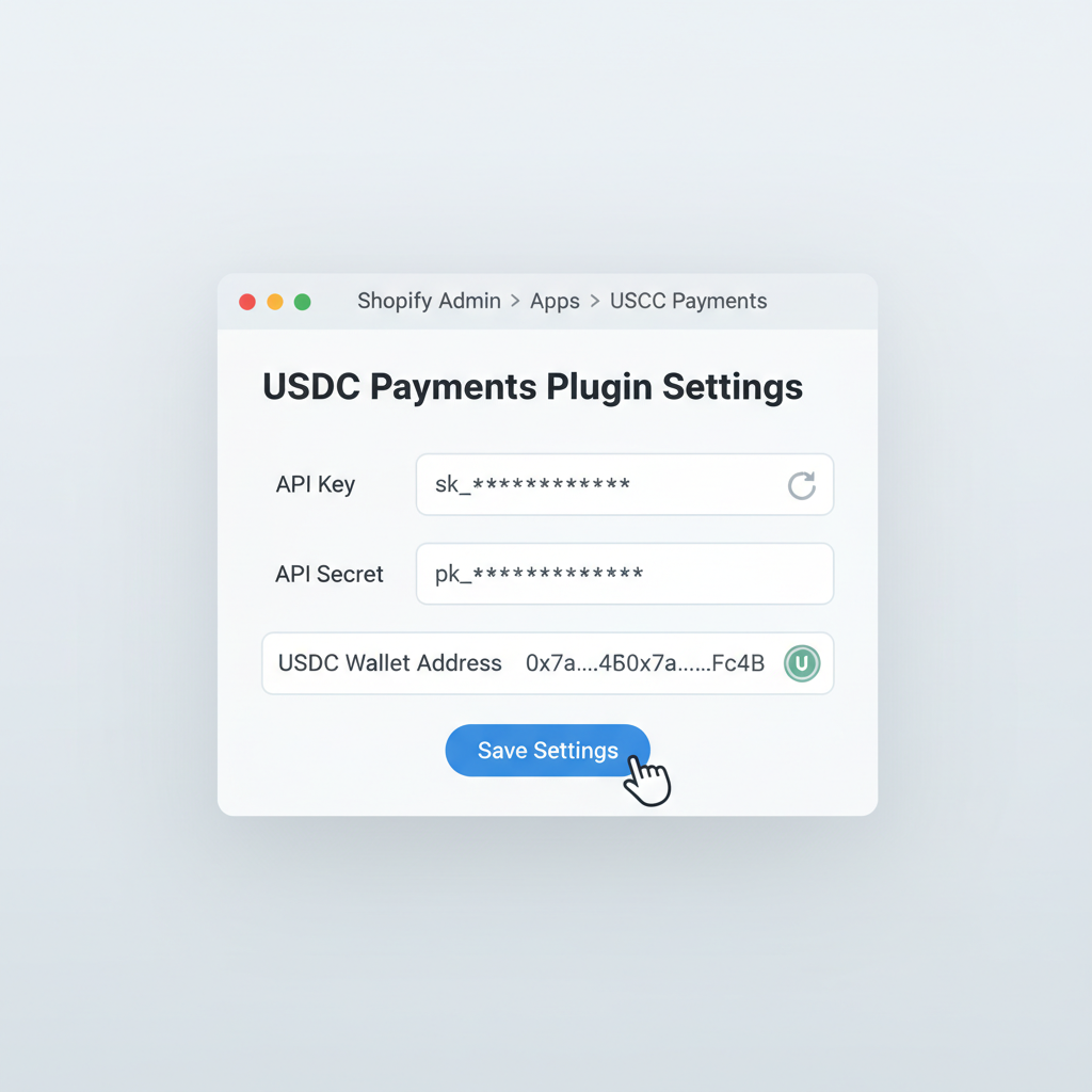 shopify plugin settings form entering API keys USDC wallet