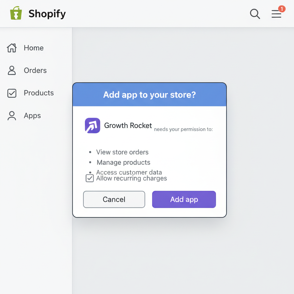 shopify add app button permissions popup interface