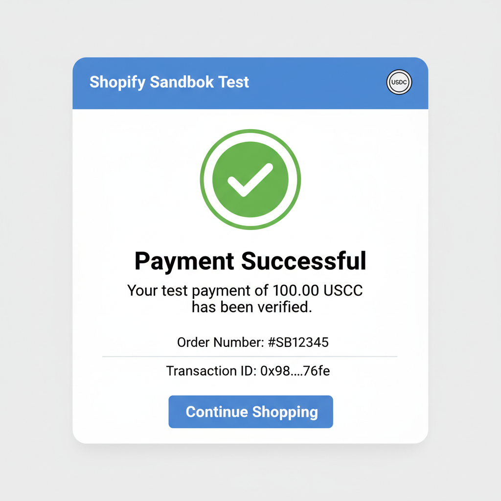 shopify sandbox test USDC payment success verification screen