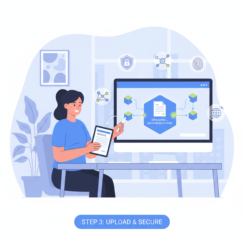 SME owner uploading invoice to clean blockchain dashboard, professional office, digital security icons