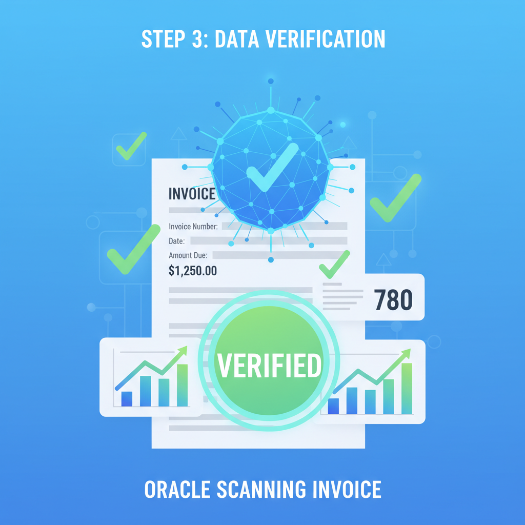 Blockchain oracle scanning invoice data, credit score charts, verification checkmarks glowing