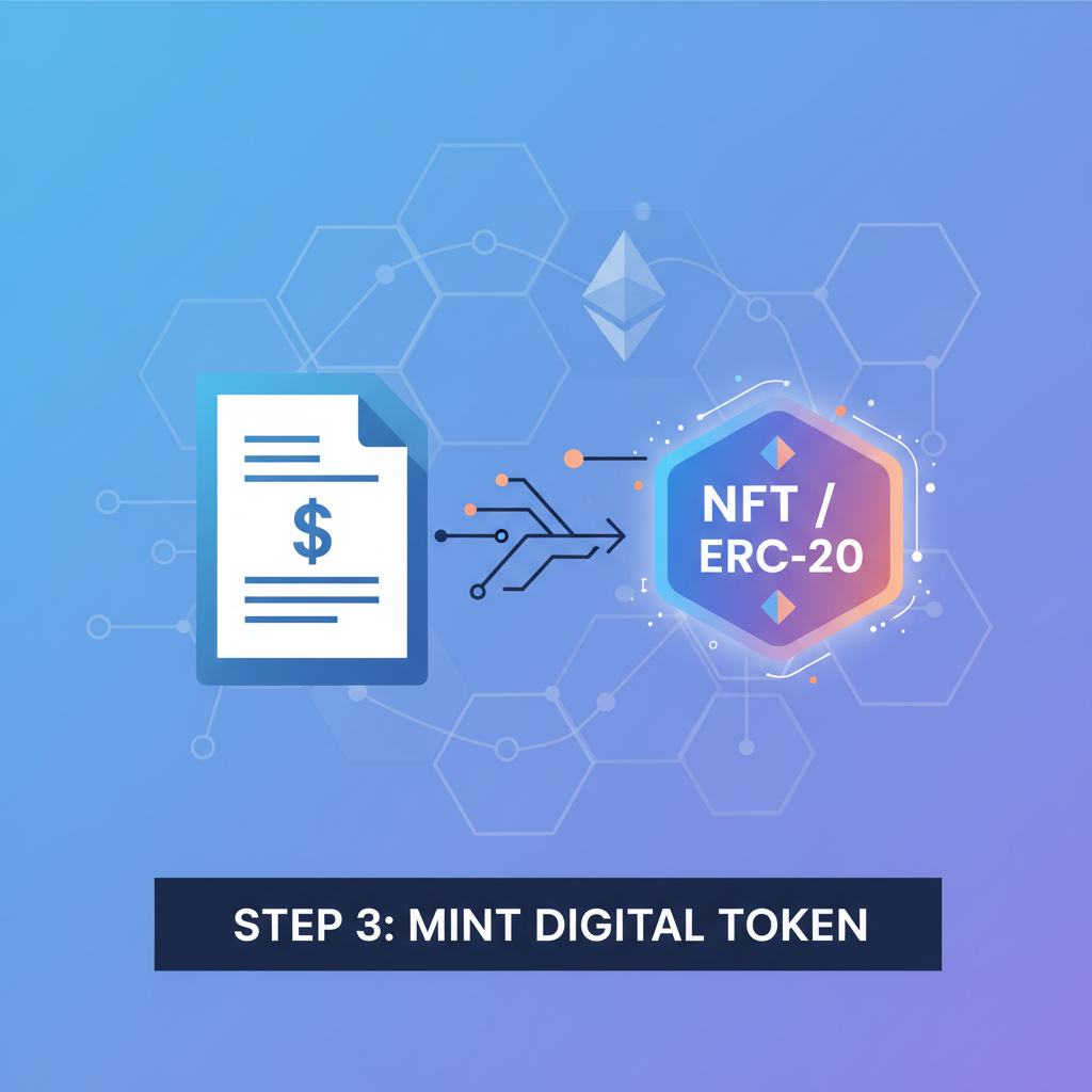Digital token minting from invoice icon, Ethereum blockchain network, glowing NFT/ERC-20 badge