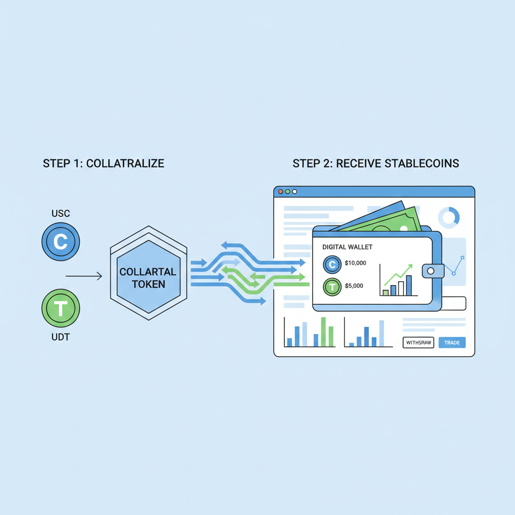 Stablecoin USDC USDT flowing into digital wallet from collateral token, finance dashboard