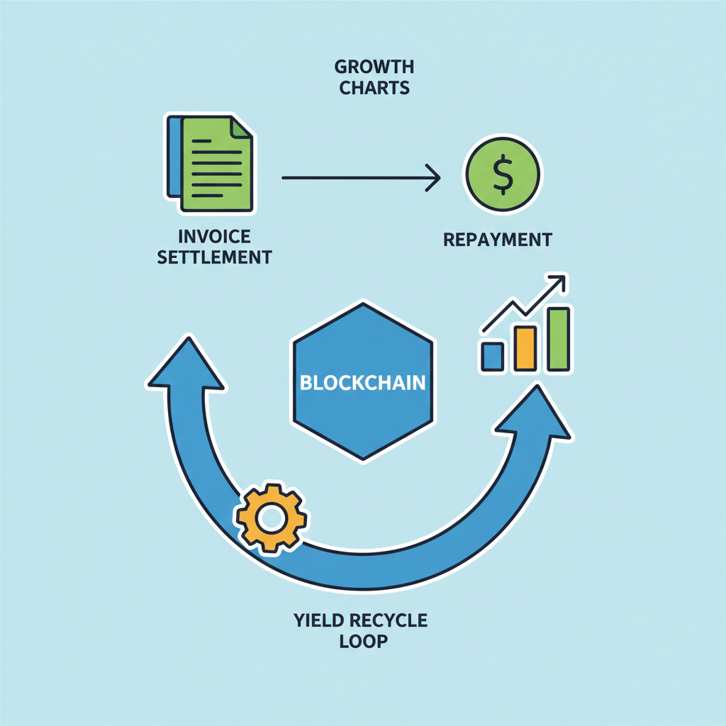 Invoice settlement arrow to repayment, yield recycle loop on blockchain, growth charts