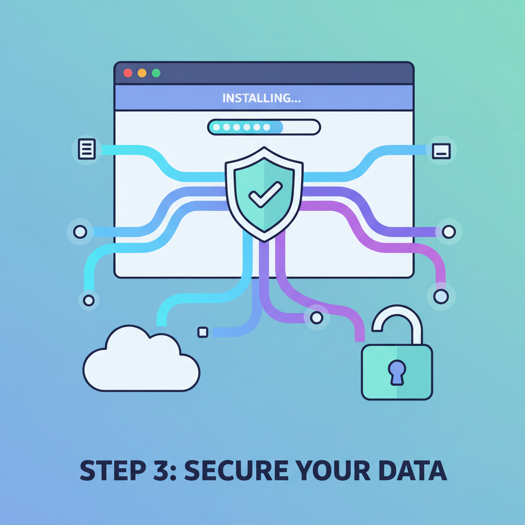 browser extension installing, data streams flowing like rivers of light