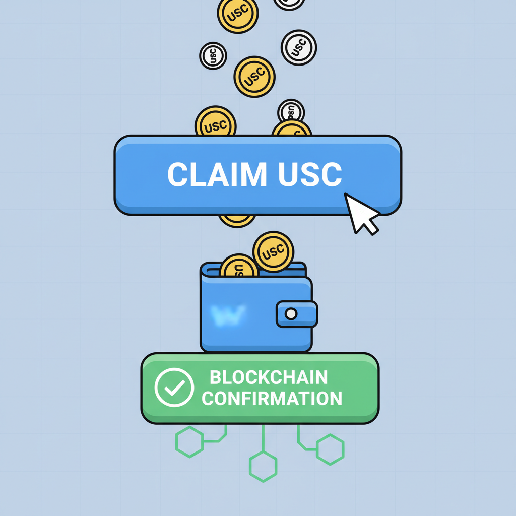 button click claiming USDC, coins raining into wallet, blockchain confirmation