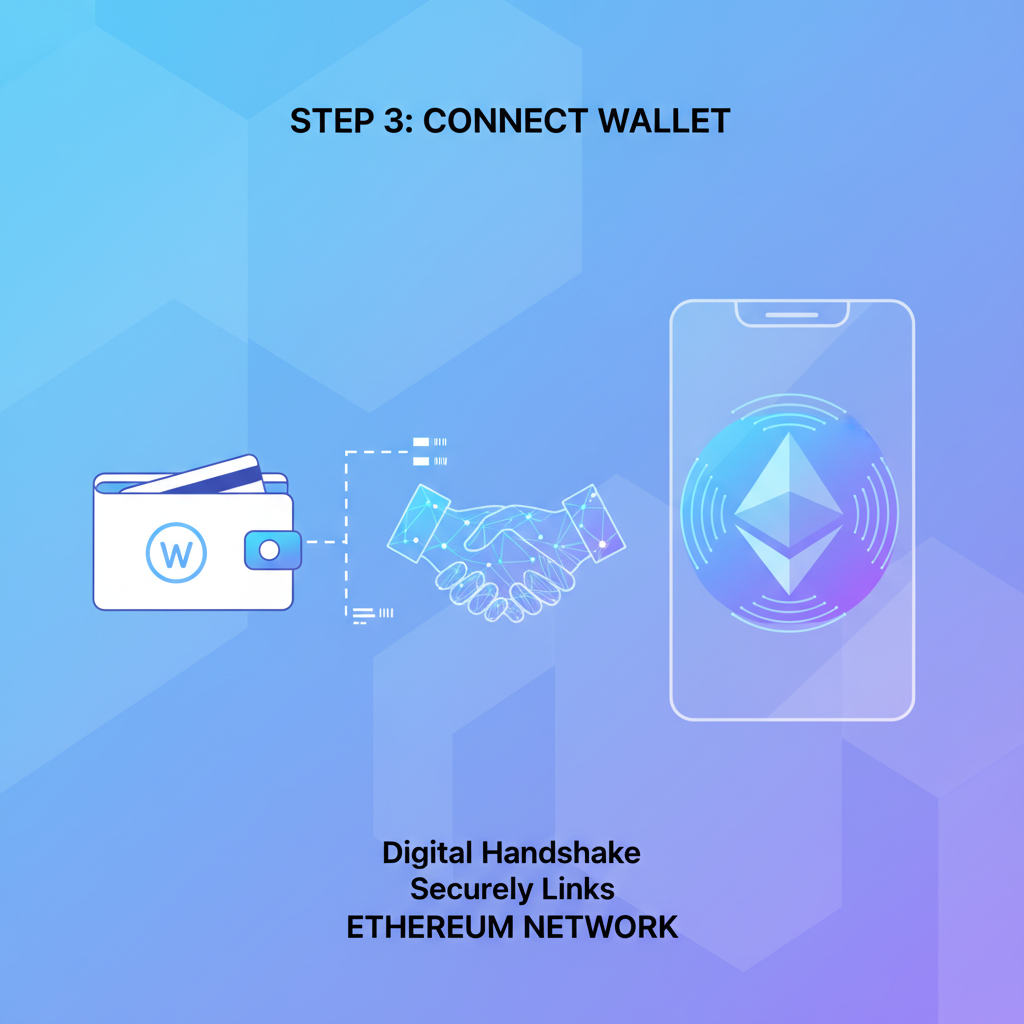 wallet connecting to blockchain app, ethereum logo glowing, digital handshake