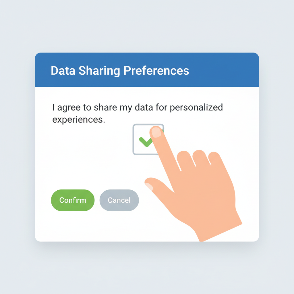 user ticking consent checkbox on data sharing interface, green checkmark, modern UI