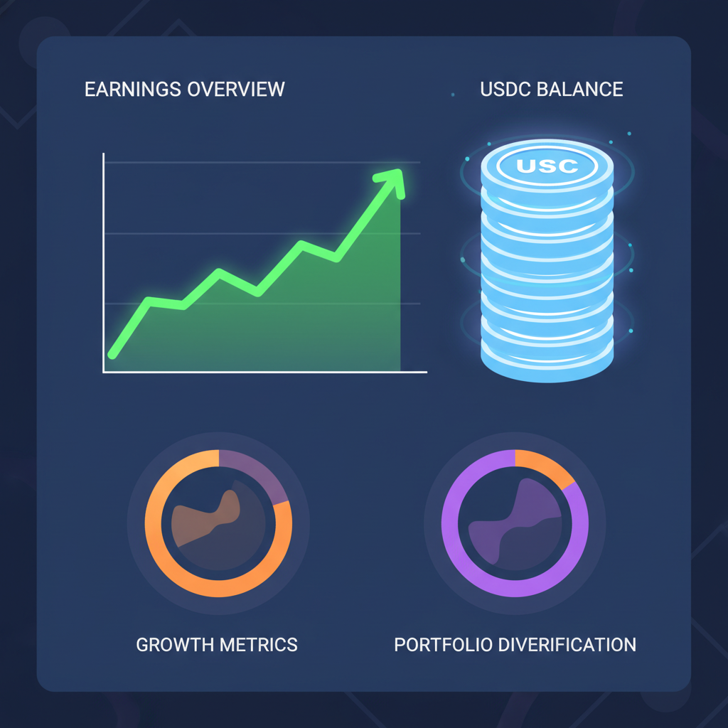 dashboard with rising earnings graph, USDC tokens stacking, charts glowing