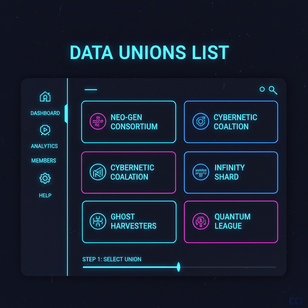 futuristic website dashboard showing data unions list, neon blues, cyberpunk style