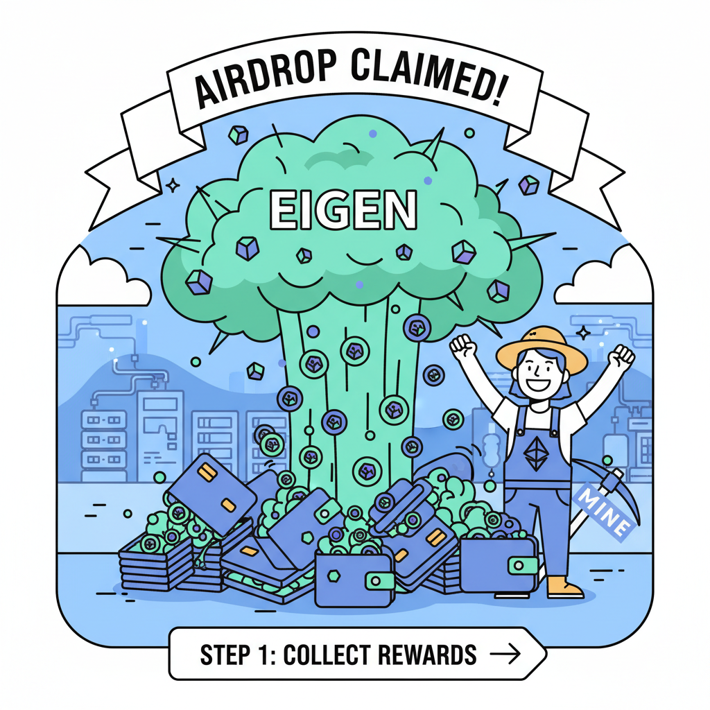 massive airdrop claim explosion, wallets overflowing with EIGEN tokens, triumphant crypto farmer
