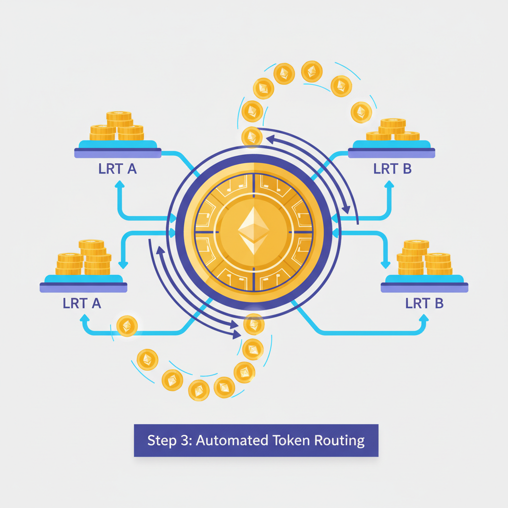 spinning golden vault auto-rotating ETH tokens between LRT platforms, dynamic motion blur, futuristic DeFi machine