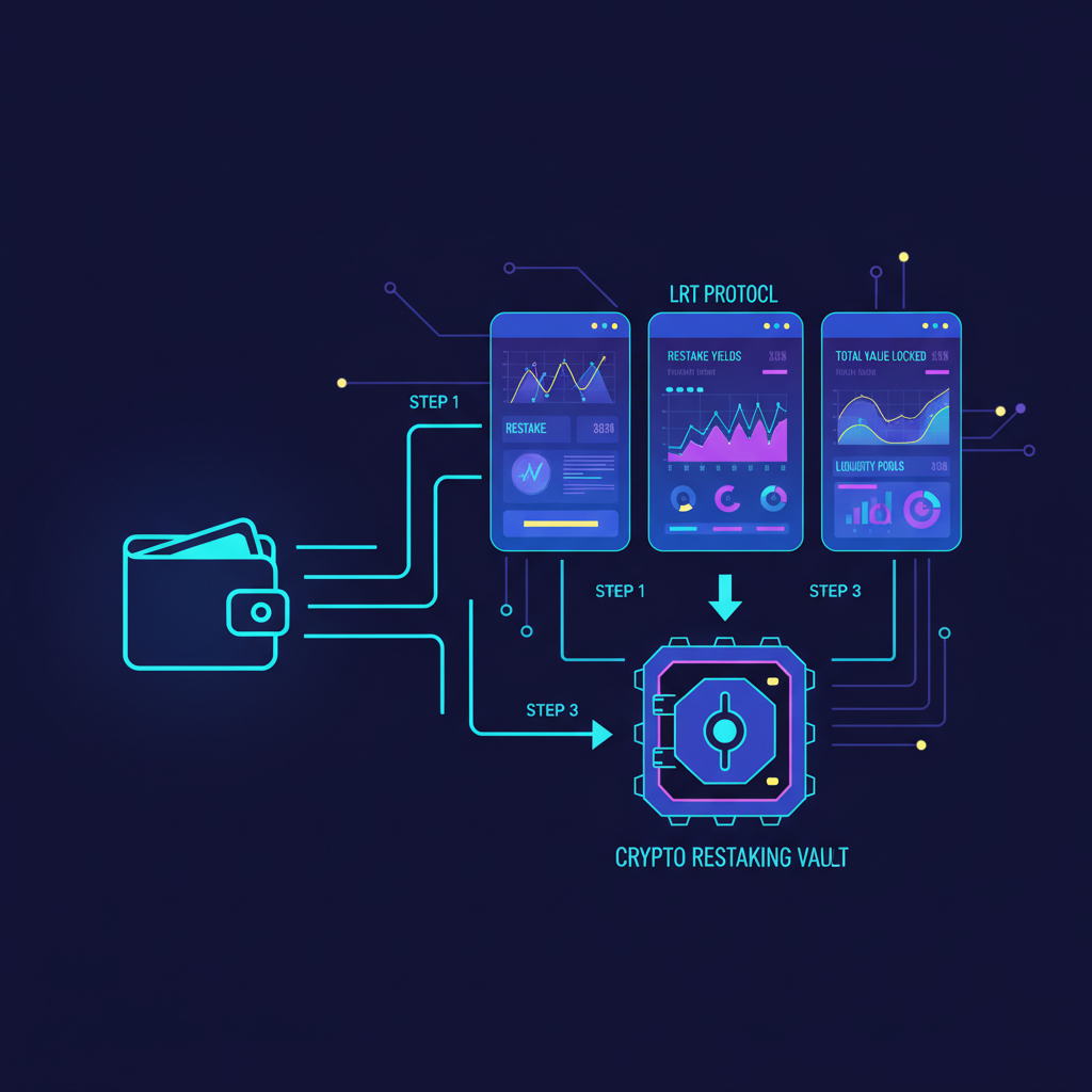 neon wallet connecting to glowing LRT protocol dashboards, cyberpunk crypto restaking vault, intense blue hues