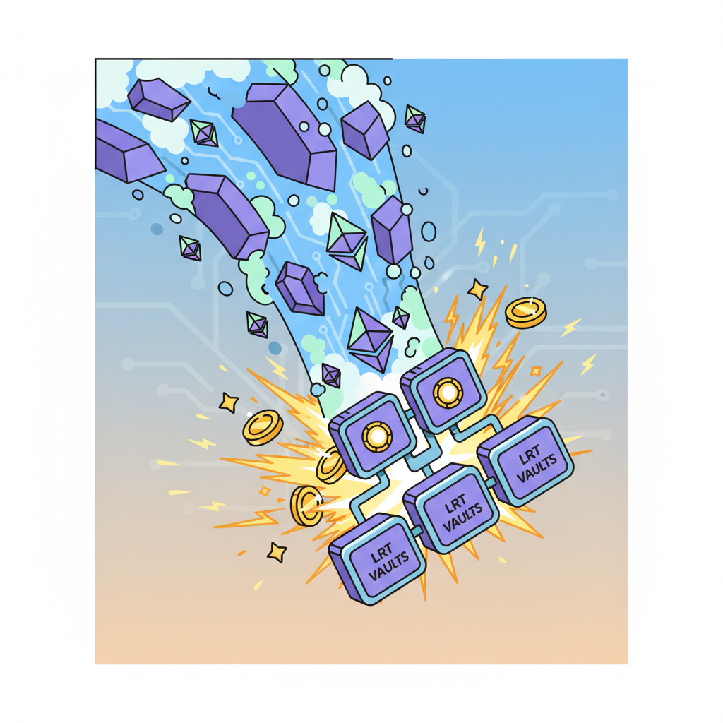 avalanche of compounding ETH yields cascading through LRT vaults, explosive gold coins, dynamic energy