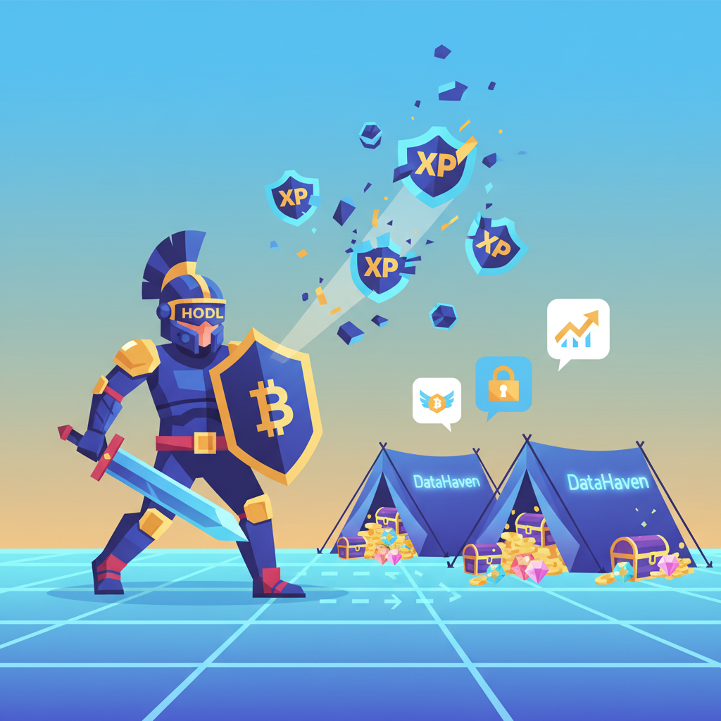 warrior charging into gamified crypto camp, XP badges exploding, DataHaven tents with airdrop treasures