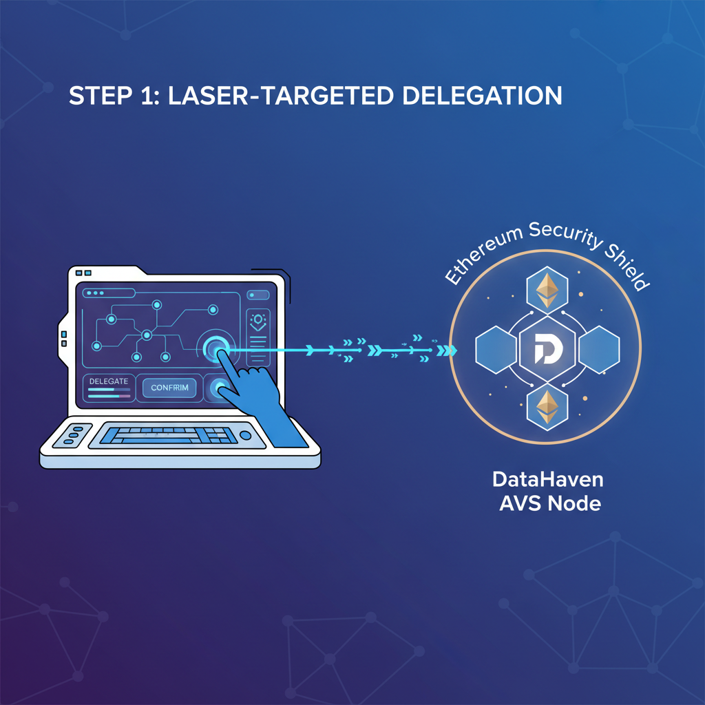 laser-targeted delegation beam to DataHaven AVS node, Ethereum security shield glowing, high-tech operator dashboard