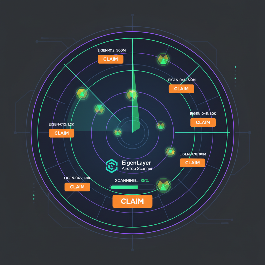 radar screen scanning EigenLayer airdrops, pulsing points and claim buttons, dark cyber interface