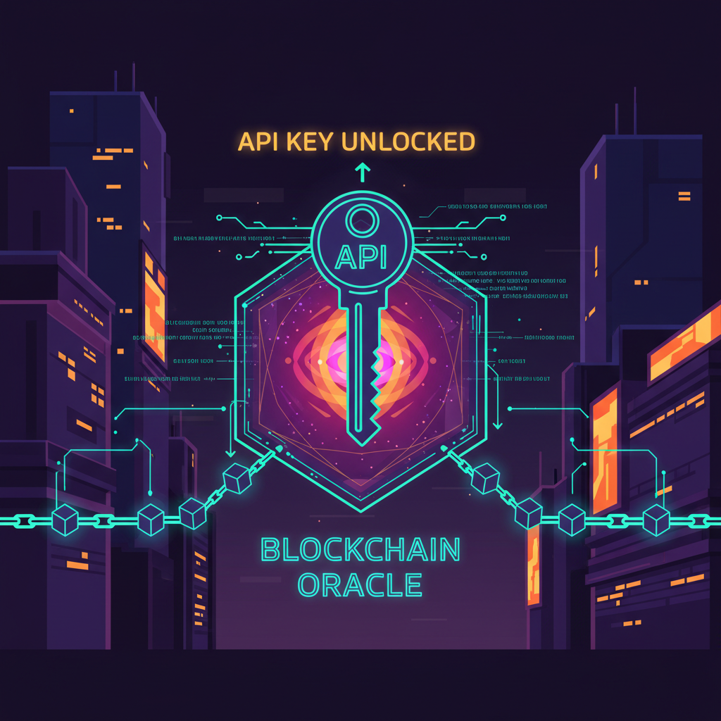 glowing API key unlocking blockchain oracle portal, cyberpunk style