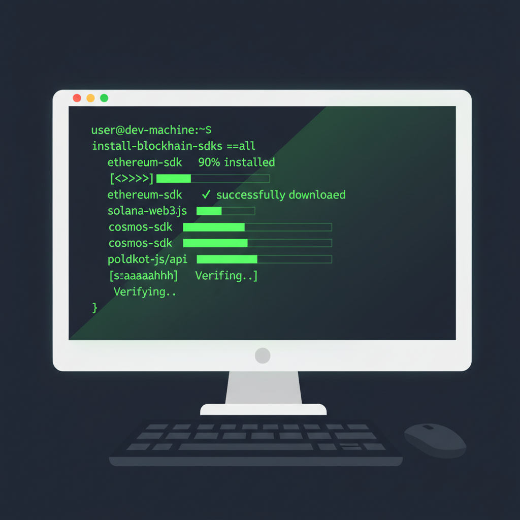 developer terminal installing blockchain SDKs, code glowing green